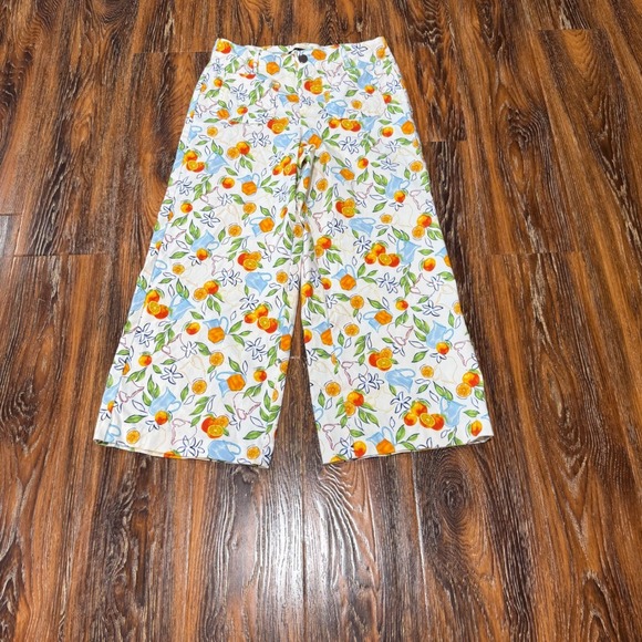 Jules & Leopold Pants - Jules & Leopold Women's M Medium White Citrus Fruit Pitcher Print Wide Leg Pants